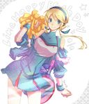  aqua_eyes bag blonde_hair cheerleader female hairband happy_birthday heroman lina_davis pom_poms shoulder_bag sleeves_pushed_up smile solo wristband yamo 