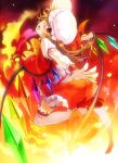  ascot bad_id blonde_hair bun-o dress flandre_scarlet garters hat laevatein mary_janes open_mouth red_eyes ribbon shoes short_hair side_ponytail skirt solo the_embodiment_of_scarlet_devil thigh-highs thighhighs touhou weapon white_legwear wings wrist_cuffs 