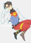  1boy black_hair blue_eyes dc_comics jacket skyness solo spandex sunglasses superboy superhero 