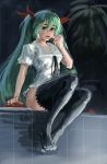  1girl black_legwear blouse bow doyora green_eyes green_hair hair_bow hatsune_miku long_hair no_pants no_shoes sitting solo thigh-highs thighhighs twintails vocaloid world_is_mine_(vocaloid) 