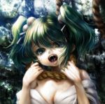  bare_shoulders breasts bust cleavage green_eyes green_hair hair_bobbles hair_ornament highres inuboe kisume noose off_shoulder open_mouth rope saliva short_hair solo tears touhou twintails 