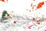  annoyed aqua_hair bad_id bare_shoulders blood blood_stain checkered checkered_floor flower green_eyes hair_flower hair_ornament hatsune_miku lying minatsuki_(lapislazzuli169) naked_sheet petals red_rose rose rose_petals skull solo twintails vocaloid 