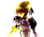  ahoge armor bad_id blonde_hair dress excalibur fate/stay_night fate_(series) gauntlets green_eyes hair_ribbon ichi_(lucky-dog1) ribbon saber solo sword weapon 