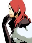  fur hair_over_one_eye kirijou_mitsuru lipstick makeup persona persona_3 persona_4:_the_ultimate_in_mayonaka_arena red_eyes red_hair redhead restaint simple_background solo 