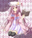  book bow crescent dress hair_bow hat highres long_hair mizuki_hau patchouli_knowledge purple_eyes purple_hair ribbon seiza sitting sleeves_past_wrists smile solo striped thigh-highs thighhighs touhou very_long_hair violet_eyes 