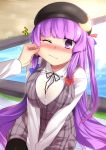  alternate_costume black_legwear blush bow breasts cheek_pinching contemporary crescent hair_bow hat highres large_breasts long_hair pantyhose patchouli_knowledge pinch pinching purple_eyes purple_hair sitting solo tears touhou two_side_up wink xefy yamane_akira 