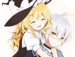  1girl ahoge black_dress blonde_hair blush braid choker closed_eyes dress eyes_closed glasses happy hat hug hug_from_behind kirisame_marisa morichika_rinnosuke open_mouth purin_jiisan shirt short_hair silver_hair smile touhou witch witch_hat yellow_eyes 