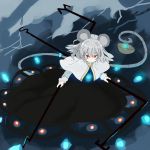 abe_kanari animal_ears basket capelet cloud dowsing_rod dress glaring glowing grey_hair jewelry lightning long_tail mouse_ears mouse_tail nazrin necklace pendant prehensile_tail red_eyes solo tail touhou