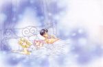  alternate_hairstyle animal bed bishoujo_senshi_sailor_moon black_hair blonde_hair cat chiba_mamoru chibi_usa child commentary diana diana_(sailor_moon) family frills lingerie long_hair luna nightgown official_art pillow pink_hair sailor_moon sleeping takeuchi_naoko topless traditional_media tsukino_usagi underwear 