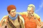  beard blue_eyes brown_eyes brown_hair cigar facial_hair grey_hair holster jewelry mustache nathan_drake necklace oekaki oobatan scarf smile uncharted victor_sullivan watch 