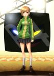  brown_eyes brown_hair buttons frown hand_in_pocket highres okenokoneko persona persona_4 pleated_skirt satonaka_chie short_hair skirt smiley_face solo track_jacket 
