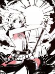  armpits belt earmuffs headphones monochrome scabbard sheath shiba_murashouji short_hair skirt sleeveless solo sun sword touhou toyosatomimi_no_miko unsheathing weapon 