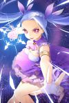  armlet blue_hair breasts dress english fingerless_gloves frills gloves long_hair lowres nail_polish open_mouth purple purple_background purple_dress purple_eyes purple_hair purple_nails salt_(salty) sheath solo sword_girls twintails weapon white_gloves 
