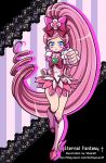  1girl :&lt; blue_eyes boots bow brooch choker cure_blossom curly_hair dress fist hair_ribbon hanasaki_tsubomi heart heartcatch_precure! jewelry long_hair magical_girl multicolored_eyes pink_eyes pink_hair ponytail precure puffy_sleeves ribbon shainea solo standing_on_one_leg wrist_cuffs 
