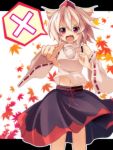  animal_ears cross detached_sleeves dialogue_box fang floral_background flower hat highres inubashiri_momiji leaf maple_leaf midriff open_mouth pointing red_eyes s-syogo short_hair skirt solo tokin_hat touhou white_hair wolf_ears 
