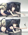  :&lt; animal_ears black_hair blush cat_ears cat_tail copyright_request long_hair lying off_shoulder on_stomach outstretched_arm paw_print personification pillow regu solo sparkle tail thumbs_up wink yellow_eyes 
