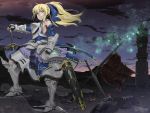  adapted_costume armor armpits blonde_hair boots fate/stay_night fate/zero fate_(series) flag green_eyes highres kimura_tatsuki ponytail saber sheath solo sunset sword weapon wind 