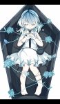  alternate_costume bandage bandages barefoot blue blue_hair blue_rose child closed_eyes coffin dress eyes_closed flower hands_on_own_chest hands_to_chest highres komeiji_koishi letterboxed nekokyu no_hat no_headwear rose solo third_eye thorns touhou 