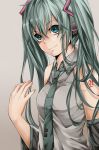  detached_sleeves green_eyes green_hair hatsune_miku koubou long_hair necktie simple_background smile solo twintails vocaloid 