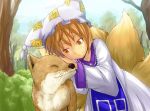  animal_ears blonde_hair bush closed_eyes dress eyes_closed fox fox_ears fox_tail hamakenn hat leaning light_smile nature short_hair smile solo tabard tail touhou tree yakumo_ran yellow_eyes 