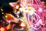  adapted_costume belt blonde_hair breasts broom cleavage crossed_legs dress hat i_wanna kirisame_marisa legs_crossed magic_circle open_mouth pointing sitting smile solo star thigh-highs thighhighs touhou witch witch_hat yellow_eyes 