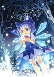  akane_(xichris) bloomers blue_eyes blue_hair child cirno dress hair_ribbon open_mouth perfect_cherry_blossom ribbon snow snowflakes solo touhou wings 