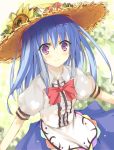  blue_hair bow deanoia flower hat hinanawi_tenshi long_hair looking_at_viewer purple_eyes smile solo straw_hat sunflower touhou violet_eyes 