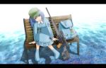  backpack bad_id bag bench blue_eyes blue_hair gun hair_bobbles hair_ornament hat head_tilt heckler_&amp;_koch jewelry kawashiro_nitori key letterboxed lock pendant psg-1 randoseru rifle sitting sniper_rifle solo tomon_(slash0410) touhou twintails weapon 