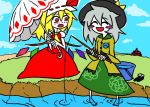  artist_request barefoot blonde_hair blush bucket closed_eyes eyes_closed fang fishing fishing_rod flandre_scarlet good_end green_eyes grey_hair happy hat komeiji_koishi lake red_eyes scarlet_devil_mansion shoes smile third_eye touhou umbrella white_skin 