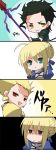  :&gt; ahoge armor b-cat black_hair blonde_hair blue_eyes empty_eyes fate/stay_night fate/zero fate_(series) gilgamesh green_eyes lancer_(fate/zero) mole polearm ponytail red_eyes saber shaded_face sparkle weapon yellow_eyes 