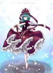  aoilio barefoot bow closed_eyes dress dress_lift eyes_closed floating frills front_ponytail green_hair hair_bow hair_ornament hair_ribbon kagiyama_hina leaves long_hair ribbon ripples skirt_hold slip_skirt solo touhou twirling water 