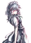  blood blood_on_face braid iga izayoi_sakuya knife looking_back maid maid_headdress mouth_hold nail_polish red_eyes silver_hair solo the_embodiment_of_scarlet_devil touhou twin_braids 