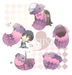  argyle argyle_background bag bdsm black_hair bondage bow character_name chibi creature fruit_punch hat heart jude_mathis lowres school_bag tales_of_(series) tales_of_xillia tipo_(xillia) tippo 