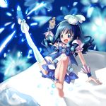  barefoot blue blue_background blue_eyes blue_hair bow coffret coffret_(heartcatch_precure!) cure_marine floral_background heartcatch_precure! kurumi_erika leg_up magical_girl mirrrrr precure single_shoe spread_legs thigh-highs thighhighs white_legwear 