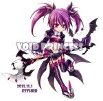 1girl 2011 :3 aisha_(elsword) bat_wings boots breasts creature dated elsword esther midriff purple_eyes purple_hair purple_legwear short_hair skirt smile solo staff standing_on_one_leg taut_shirt thigh-highs thigh_boots thighhighs tubetop twintails violet_eyes wings yvance 
