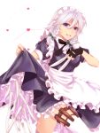  apron between_fingers blue_eyes braid fingerless_gloves frills gloves heart holding holster izayoi_sakuya knife looking_at_viewer maid maid_headdress mou-nanimo ribbon short_hair silver_hair simple_background skirt skirt_lift slip_skirt smile solo thigh-highs thigh_holster thighhighs throwing_knife touhou twin_braids waist_apron weapon white_background white_legwear 
