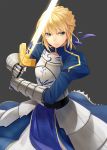  armor armored_dress blonde_hair corset dress excalibur fate/stay_night fate/zero fate_(series) faulds gauntlets green_eyes hair_ribbon highres lips prime ribbon saber short_hair simple_background solo sword weapon 