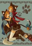  1girl animal_ears bell blonde_hair blue_eyes bow brother_and_sister cat_ears cat_tail gloves highres hoodie jingle_bell kagamine_len kagamine_rin momoiro_oji open_mouth scarf short_hair shorts siblings tail thighhighs twins vocaloid 