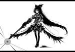  acryl alternate_weapon arm_cannon bow hair_bow highres letterboxed long_hair monochrome reiuji_utsuho solo third_eye touhou very_long_hair weapon wings 