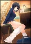  1girl aoyama_sumika black_hair brown_eyes cardigan chair coffee-kizoku female from_below highres legs original school_uniform sitting solo tagme 