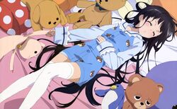  absurdres artist_request bird black_hair blush closed_eyes highres kami-sama_no_memo-chou long_hair lying penguin photoshop shimazawa_noriko shionji_yuuko sleeping solo stuffed_animal stuffed_cat stuffed_dog stuffed_penguin stuffed_toy teddy_bear thigh-highs thighhighs very_long_hair white_legwear 