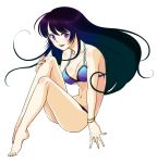  barefoot bikini black_hair long_hair namu original purple_eyes simple_background solo swimsuit violet_eyes white_background 
