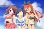  :q bikini blue_hair braid breasts camera closed_eyes eyes_closed hair_ribbon highres inazuma_eleven inazuma_eleven_(series) inazuma_eleven_go long_hair multiple_girls navel open_mouth purple_eyes red_hair redhead ribbon sasoribi-dekine seto_midori short_hair side-tie_bikini sorano_aoi swimsuit tongue twin_braids violet_eyes yamana_akane 