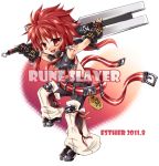 1boy 2011 belt black_gloves dated elsword elsword_(character) esther fingerless_gloves gloves huge_weapon long_hair messy_hair midriff pants red_eyes red_hair redhead shoes smile solo sword weapon 