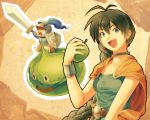  apple belt bianca bianca_(cosplay) blue_eyes braid brown_hair cape character_request cosplay crossover dragon_quest dragon_quest_v earrings food fruit ganaha_hibiki green_apple hamster hamuzou holding holding_apple holding_fruit idolmaster jewelry long_hair om_(carbohydratism) open_mouth shield slime_(dragon_quest) smile sword weapon 