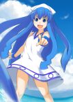  blue_eyes blue_hair dress hat highres ikamusume kayakuya long_hair shinryaku!_ikamusume tentacle_hair 