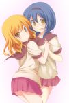  blonde_hair blue_hair food_in_mouth furutani_himawari griefwear hairband hand_holding holding_hands interlocked_fingers looking_at_viewer mouth_hold multiple_girls oomuro_sakurako open_mouth pocky school_uniform serafuku surprised yellow_eyes yuru_yuri 