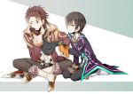  2boys alvin_(tales_of_xillia) black_hair boots brown_hair chin_rest coat cravat gloves jude_mathis kneeling messy_hair multiple_boys nagarete_toira pants red_eyes sitting sweat tales_of_(series) tales_of_xillia yellow_eyes 