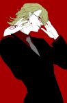  blonde_hair flat_color formal male nail_polish ouroboros ourobunny red_eyes simple_background solo suit t3run tattoo tiger_&amp;_bunny 