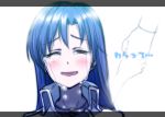  blue_hair hand_holding holding_hands idolmaster jewelry kisaragi_chihaya letterboxed long_hair necklace slug_(artist) smile solo tears translated 